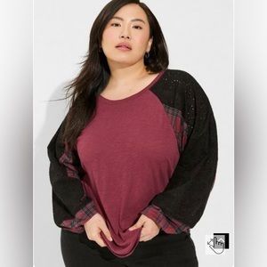 NWT Cotton Modal Slub Crew Neck Raglan Eyelet Inset Print Mix Top, Size 00